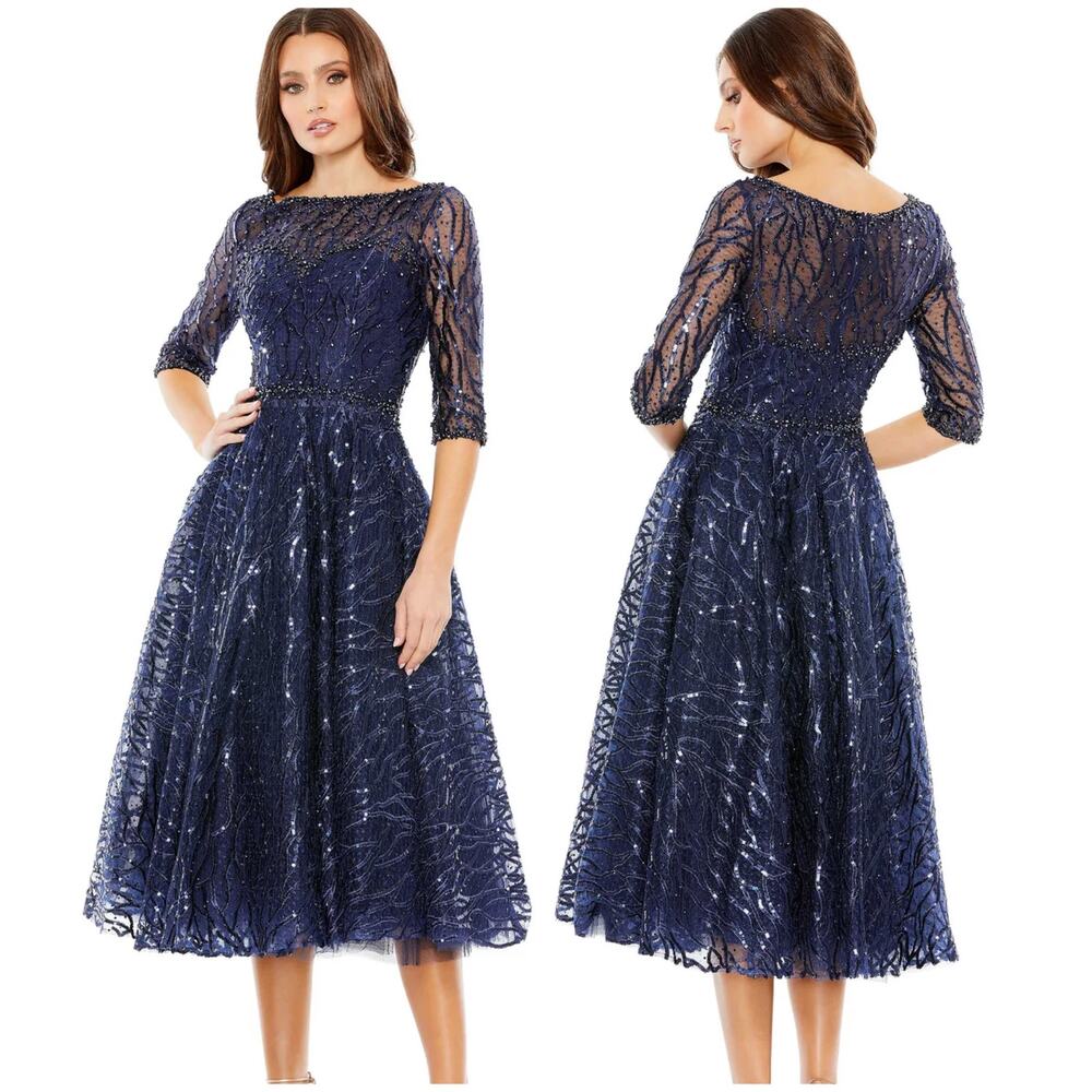Mac Duggal NWT Sequin Embellished Midi Dress Size 20 Navy Bead Tulle 3/4 Sleeve